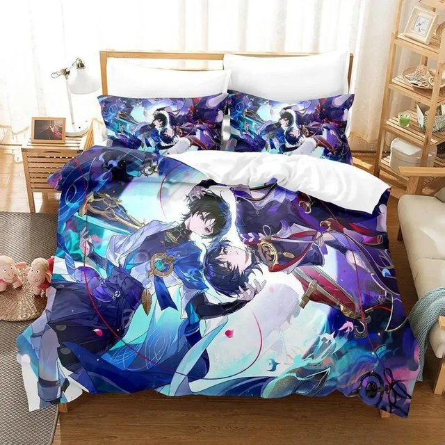 Genshin Impact Scaramouche Bettwäsche-Set mit 3D-Anime-Print, dreiteiliges Microfaser-Bettwäsche-Set für Erwachsene und Kinder, Mehrfarbig, Breite: 135 cm, Länge: 200 cm - Bild 1