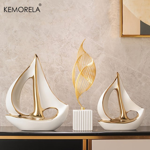 KEMORELA Keramik Segelboot Skulptur in Weiß als moderne Dekoration für Wohnzimmer und Büro - Bild 1