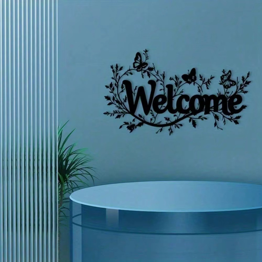 CIFBUY Willkommensschild aus Metall mit floralem Design in Schwarz als moderne Wandkunst - Bild 2