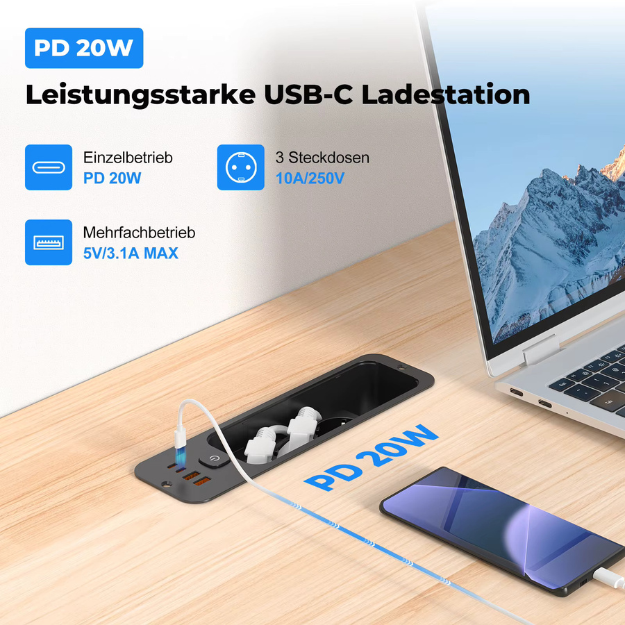 HITRENDS 7-in-1 Einbau-Desktop-Steckdose in Schwarz mit 3 AC-Anschlüssen und USB-C PD20W Schnellladung - Bild 3