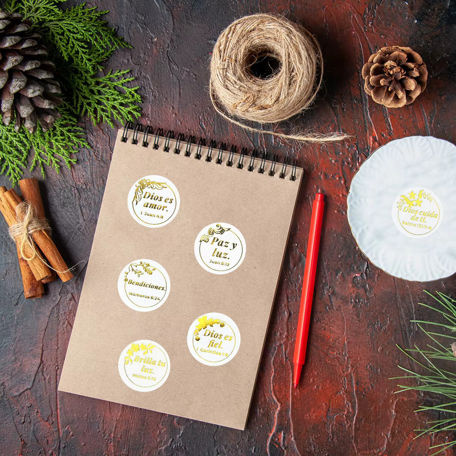 500 Stück inspirierende Aufkleberrolle mit spanischen Glaubenssätzen, runde Folienetiketten in Gold und Weiß für dein Tagebuch - Bild 2