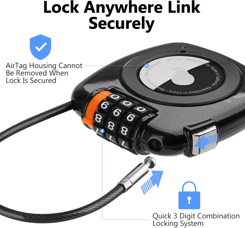 Apple AirTag-Halterung mit Zahlenschloss als GPS-Tracker für Koffer und Rucksack in Schwarz oder Rot - Bild 5