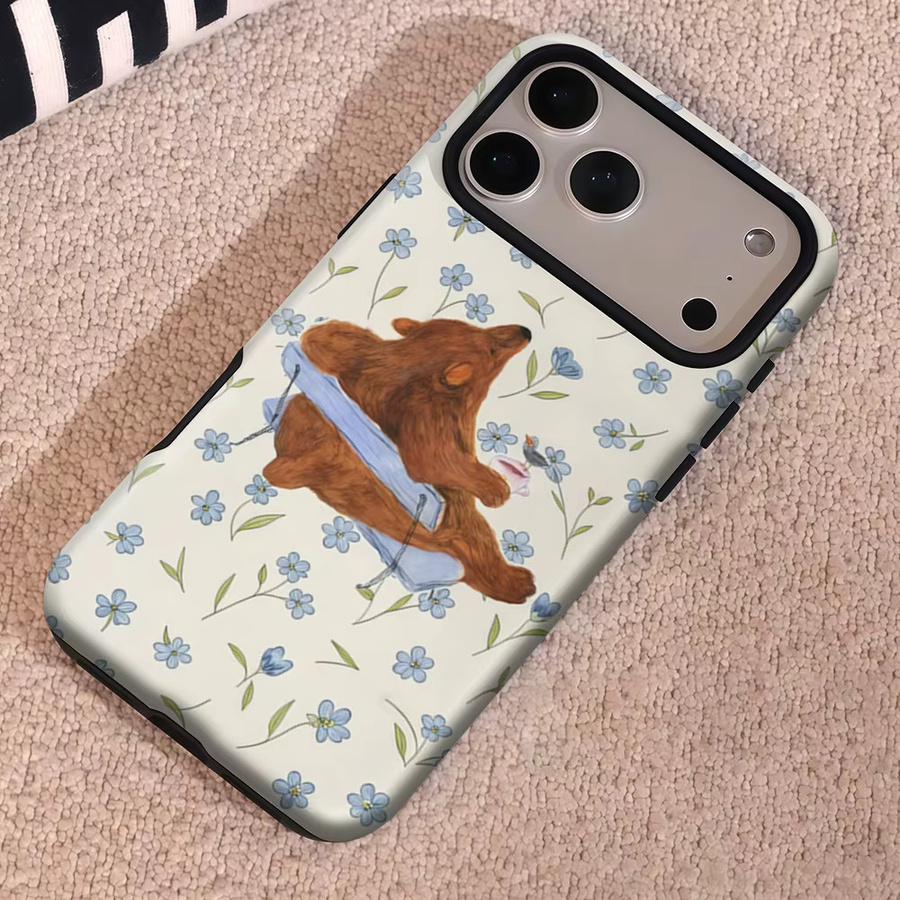 Robuste doppelschichtige Handyhülle mit Braunem Bär und blauer Blüte für iPhone 17 16 15 14 13 Pro Max Plus von Potdemiel, Magnetisch, Mehrfarbig - Bild 4