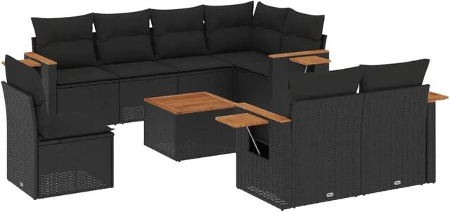 vidaXL 9-tlg. Garten-Sofagarnitur in L-Form aus Poly-Rattan und Akazienholz mit Kissen, Schwarz - Bild 1