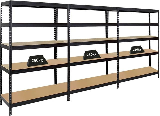 PROREGAL 3er Set Schwerlastregal Rivet in Schwarz mit verstellbaren Fachböden, H x B x T: 180 x 120 x 45 cm - Bild 1