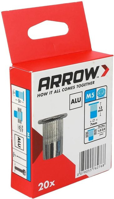 Arrow Nietmutter RN M5 aus Aluminium in Silber/Grau, Durchmesser: 7 mm, Höhe: 13 mm, 20 Stück - Bild 1