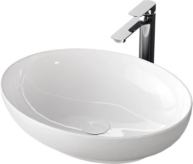 Emke Handwaschbecken aus Keramik, Oval, Weiß glänzend, B/T/H: 52 x 39,5 x 13 cm - Bild 1
