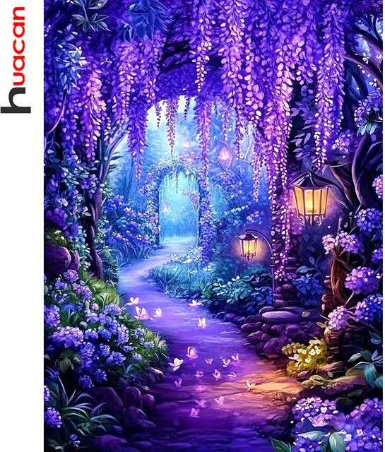 Huacan Diamantgemälde Lavendel Wald Landschaft mit runden Steinen in Lila, Wanddekoration Canvas B: 30,0 cm, H: 20,0 cm, T: 20,0 cm - Bild 1