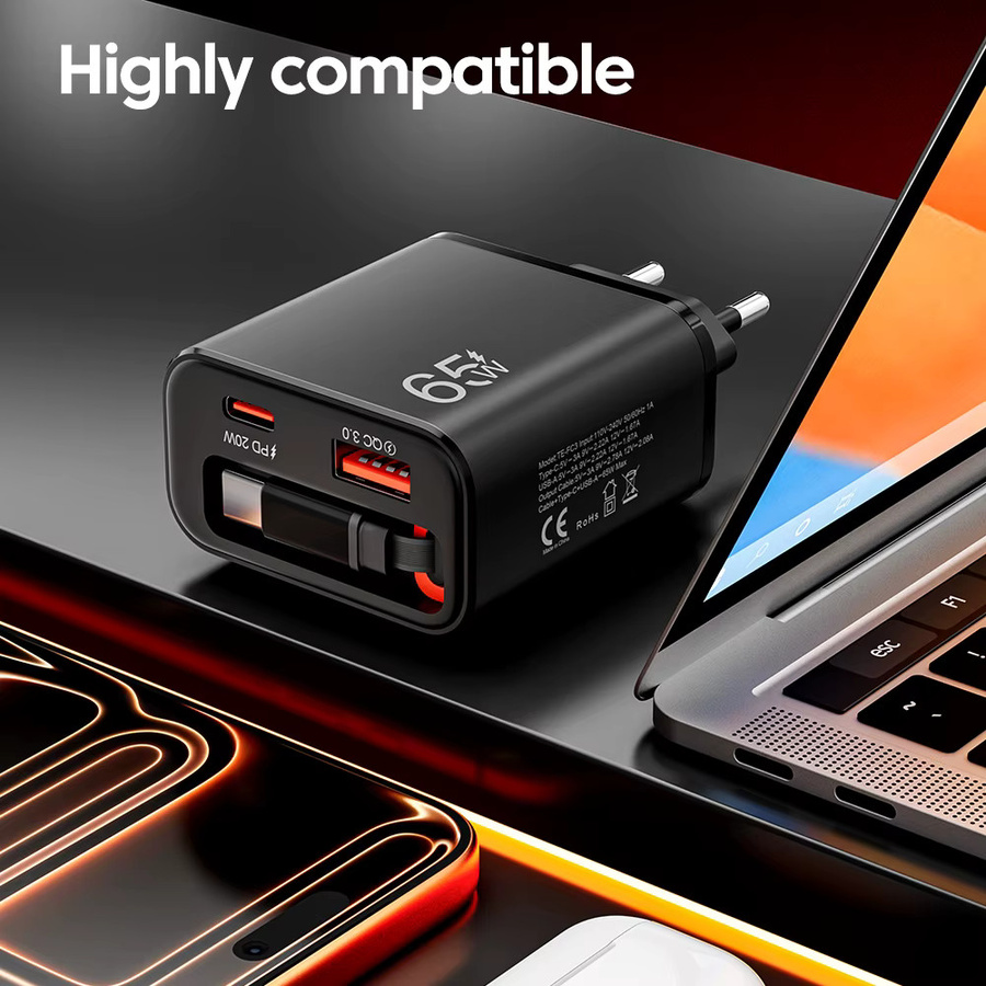 65W USB-C Wandladegerät mit einziehbarem Super-Schnellladekabel in Schwarz für iPhone, POCO und Xiaomi mit QC 3.0 und USB PD Unterstützung - Bild 4