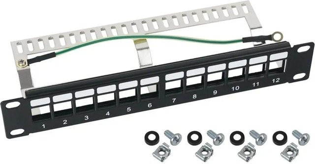 HMF 63346 STP Keystone-Patchpanel für Serverschrank, 12 Ports RJ45, 10 Zoll, 1 HE, Schwarz - Bild 1