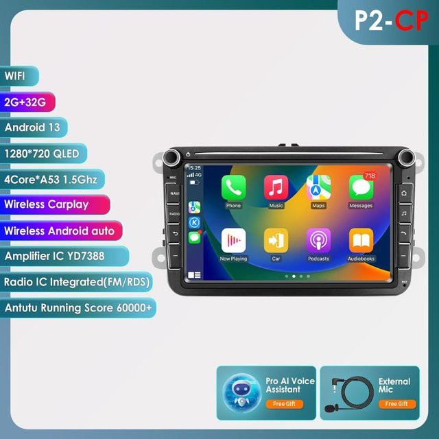Ossuret 8 Zoll 2 DIN Multimedia-Player mit Android 13, Carplay und GPS für Volkswagen Golf 5, Transporter, Passat B6, Polo, Jetta sowie Skoda und Seat, Schwarz - Bild 1