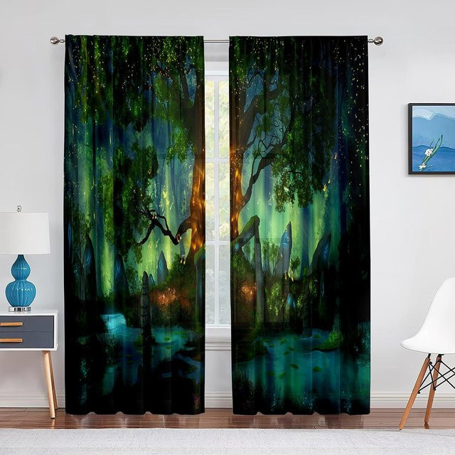 Super Six Waldmärchen Tüllvorhang mit Laternen und Baum-Motiv, transparentes Chiffon-Voile-Dekorationsvorhang, Farbe: Grün, B: 100 cm, H: 250 cm - Bild 1