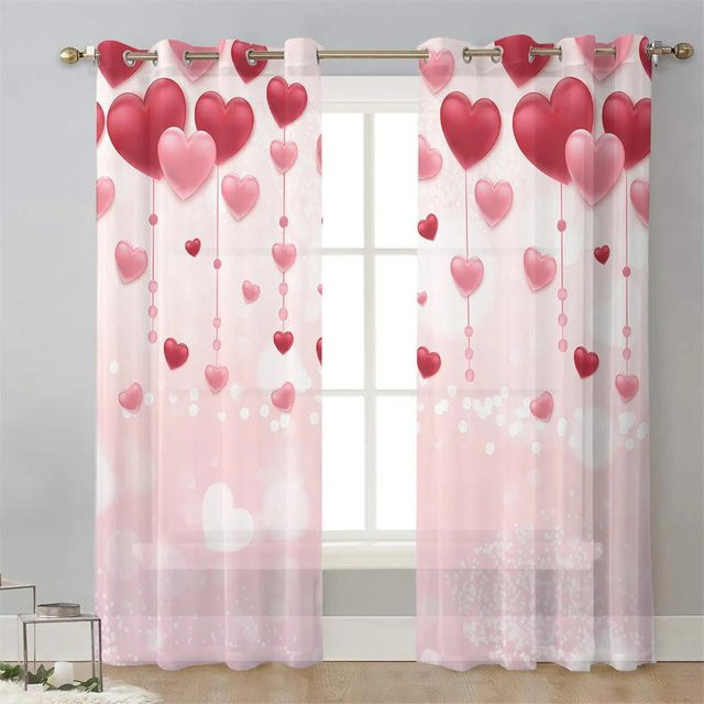 Yiran Furniture Transparentes Voile-Fenster vorhang Set mit Rote Herz Blume Design, 2 Stück, Farbe: Rot/Pink/Transparent, Breite: 50 cm, Höhe: 160 cm - Bild 1