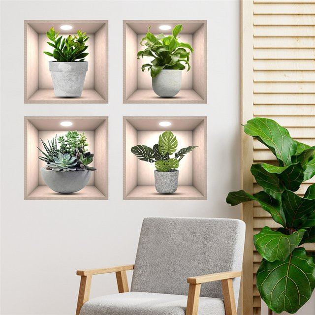 AsenArt Selbstklebender Bonsai-Wandaufkleber in Grün, 3D-Wandposter mit Pflanzen zur Dekoration für Küche und Wohnzimmer, B/H: 30 x 30 cm - Bild 1