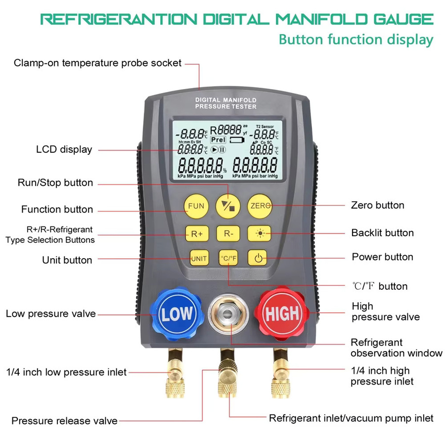 Podofo Digitales Manometer-Set für HVAC-Kältemittel mit Druckprüfer, Vakuum- und Temperaturmessgerät sowie integrierter Kältemitteldatenbank für Klimaanlagen - Bild 7