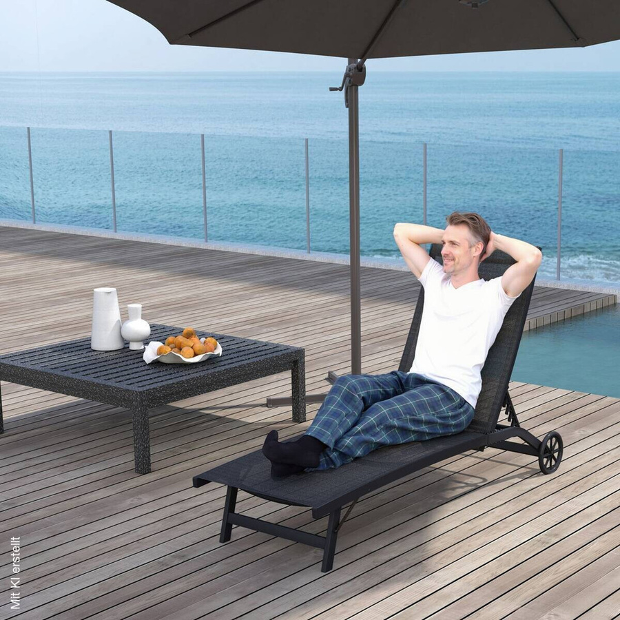 Outsunny Sonnenliege aus pulverbeschichtetem Aluminium in Schwarz mit verstellbarer Kopfstütze und Rollen, B/H/L: 165 x 102 x 66 cm - Bild 4