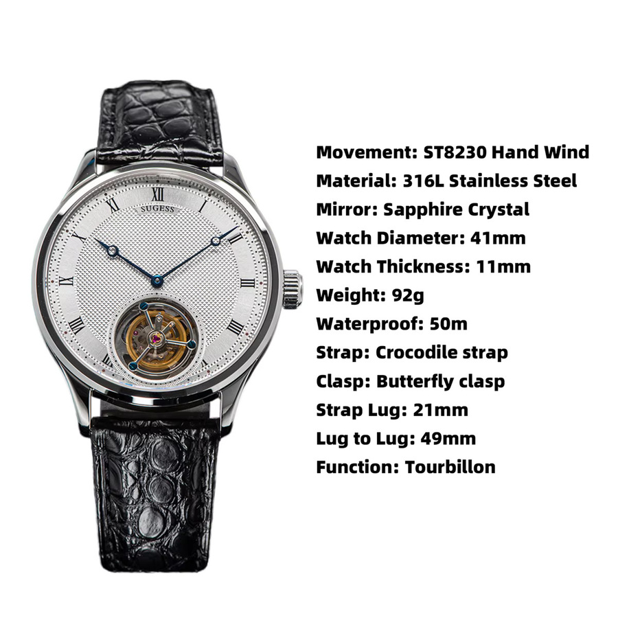 Sugess Armbanduhr Tourbillon, Mechanisch, Edelstahl, Leder, Herren - Bild 4