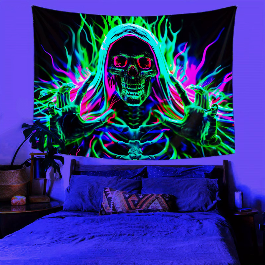 VIKAMA Halloween Dark Night Skelett-Wandteppich mit Neon-Blitzmuster in Multicolour, Gothic-Dekoration für Electro Partys, B/H: 40 x 40 cm - Bild 3