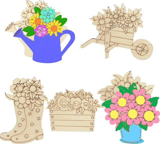 15-teiliges Set Blume Holz Ornamente mit Blumentopf in verschiedenen Sorten für DIY Deko und Geschenke, Multicolour - Bild 1