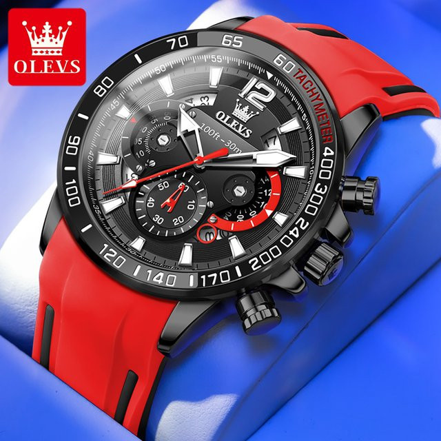 OLEVS Chronograph Armbanduhr, Quarz, Edelstahl, Silikon, Schwarz, Herren - Bild 1
