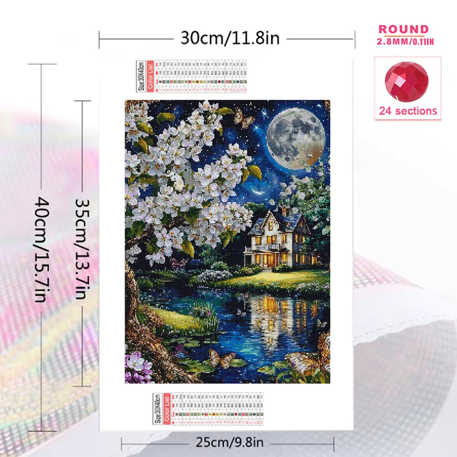 EverShine Diamantmalerei Nachtlandschaft mit Haus und Mond, 5D Mosaik-Stickerei in Multicolour, B/H: 30 x 30 cm - Bild 2