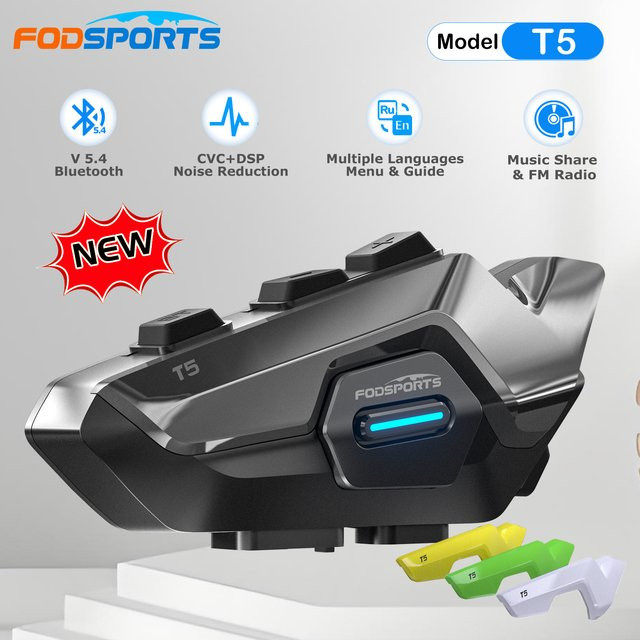 Fodsports T5 Motorrad-Gegensprechanlage Bluetooth-Helm-Headset mit BT5.4, Musikfunktion und FM in Schwarz - Bild 1