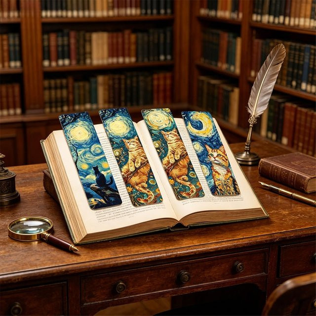 Van Gogh Sternennacht Katzen-Lesezeichen im Ölgemälde-Stil, buntes Papier-Seitenmarkierer Design für Katzenliebhaber - Bild 1