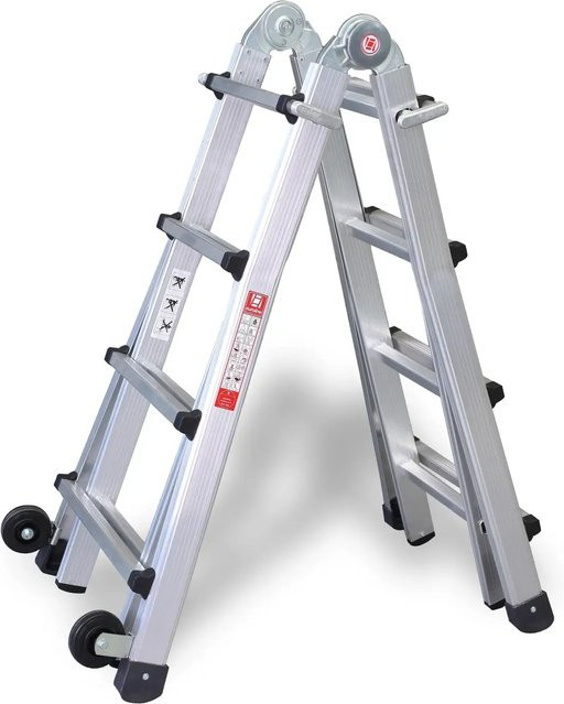Euroline Premium 31621 Vario-Klappleiter aus Aluminium mit Rollen, Farbe Silber, 4x4 Sprossen - Bild 1