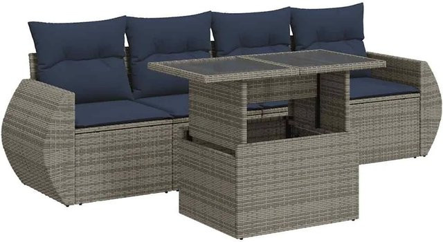 vidaXL 5-teilige Garten-Sofagarnitur aus Poly Rattan und Akazie mit Kissen in Grau - Bild 1