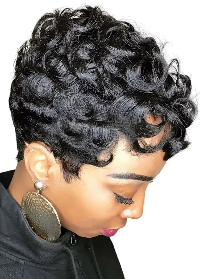 OYM HAIR Remy-Echthaar-Perücke, Pixie-Schnitt, schwarz, kurz, lockig, Damen - Bild 4