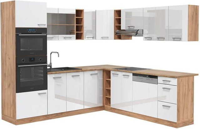 Vicco R-Line Eckküche in Weiß Hochglanz und Goldkraft Eiche, modern gestaltet, B/T/H: 237 x 247 x 81,6 cm - Bild 1