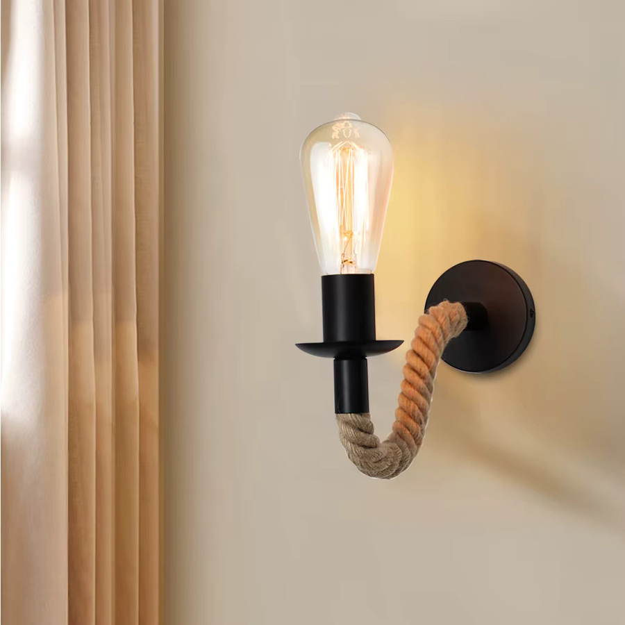 PARKSON Vintage Hanfseil Wandleuchte E27 Retro Wandlampe aus Holz und Metall für Wohnzimmer, Badezimmer und Flur in Schwarz und Braun - Bild 3