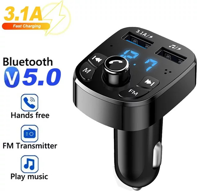kebidumei Bluetooth 5.0 FM-Transmitter mit MP3-Funktion, Dual-USB-Autoladegerät und LED-Anzeige in Schwarz - Bild 1