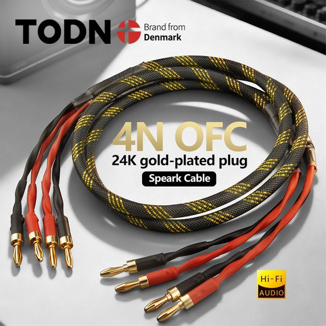 TODN HiFi-Lautsprecherkabel mit 24K vergoldeten Bananensteckern, 1 Paar, Sauerstofffreier Kupferkern, Schwarz/Gold - Bild 1