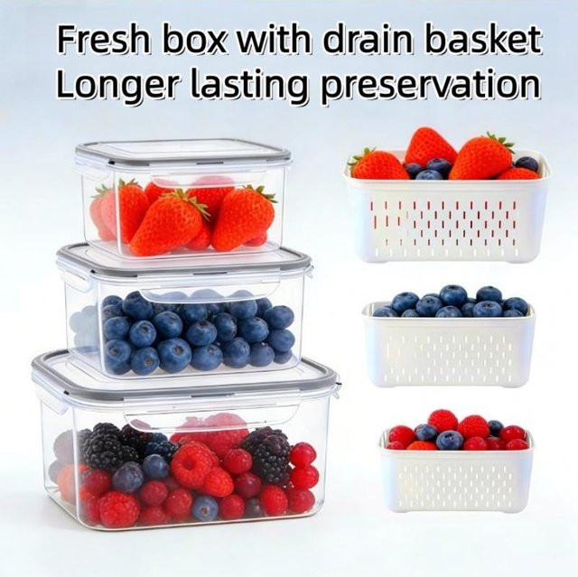 6-teiliges Set Obstaufbewahrungsbehälter für den Kühlschrank von Binchi Outdoor Product mit abnehmbarem Sieb in Grau und Transparent - Bild 1