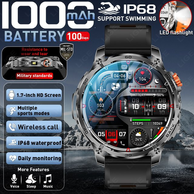 LIGE Smartwatch, Bluetooth, 1,75 Zoll, Schwarz, Herren - Bild 1