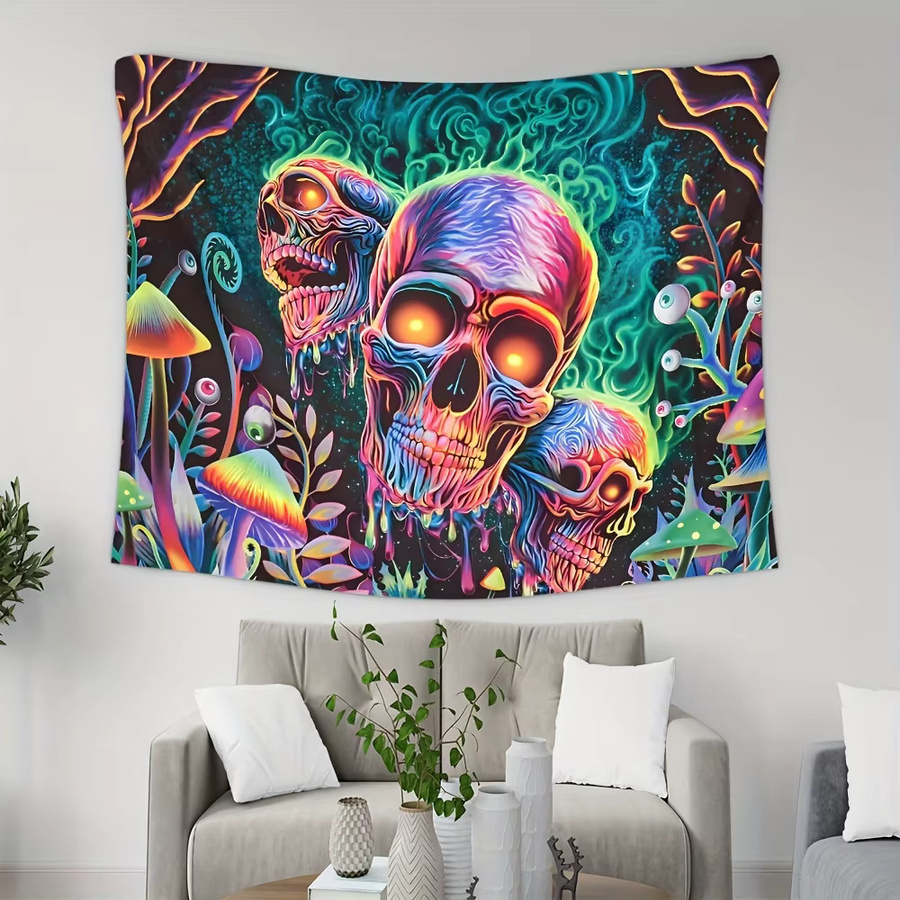 VIKAMA Wandteppich mit psychedelischem Totenkopf, bunten Pilzen und floralen Mustern, Mehrfarbig, B/H: 60 x 40 cm - Bild 3