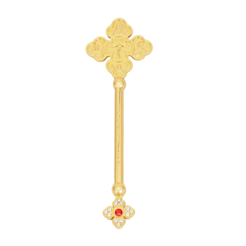 Vergoldetes orthodoxes Kreuz mit religiösen Gravuren und Kristalldekorationen in Gold, Höhe: 23,11 cm - Bild 6