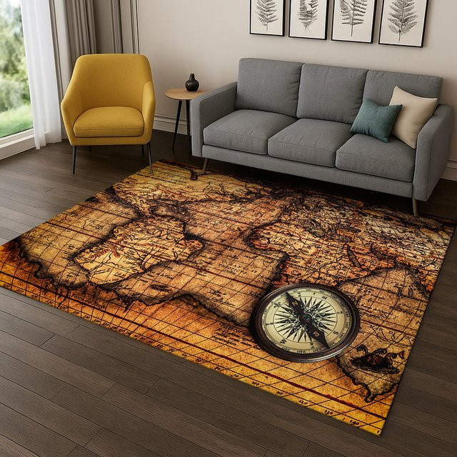 Faviora Retro-Navigationskarte Teppich mit Kompass-Design, rutschfest, Braun, B/T: 60 x 40 cm - Bild 1