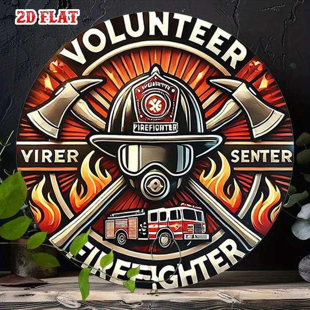 Potdemiel Metall-Blechschild Feuerhelm mit Flammen und Feuerwehrauto Design, Rund, Durchmesser: 20 cm, Mehrfarbig - Bild 1