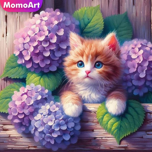 Momoart 5D DIY Diamantmalerei Katze und Hortensie als Wandkunst in Mehrfarbig - Bild 1