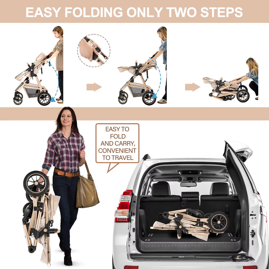 3-in-1 Reisekinderwagen mit höhenverstellbarem Griff und Moskitonetz aus Aluminium in Schwarz oder Beige - Bild 6