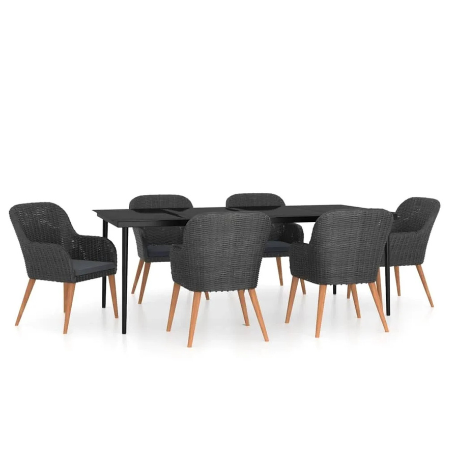 vidaXL 7-teilige Garten-Essgruppe aus PE-Rattan und Akazienholz mit Kissen in Schwarz und Grau - Bild 2