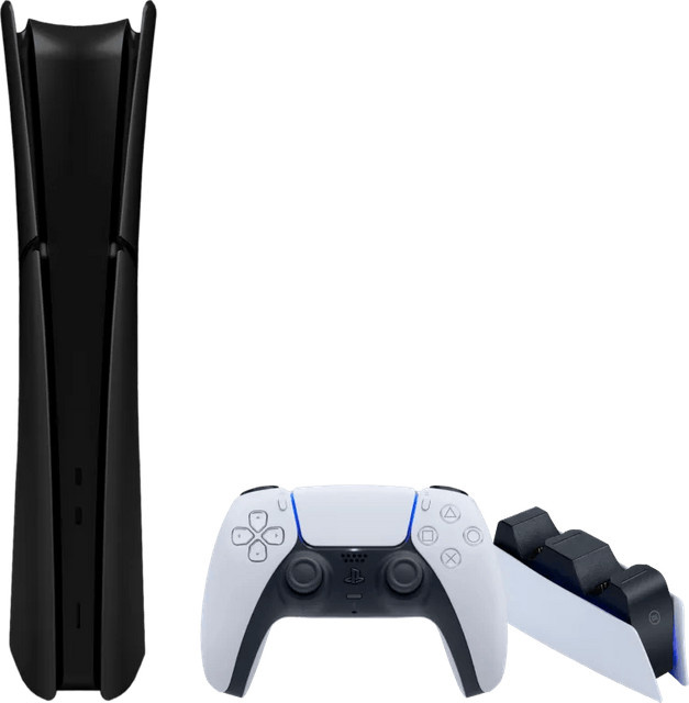 Sony PlayStation 5 Slim Digital Edition mit schwarzen Covern und Ladestation in Schwarz und Weiß - Bild 1