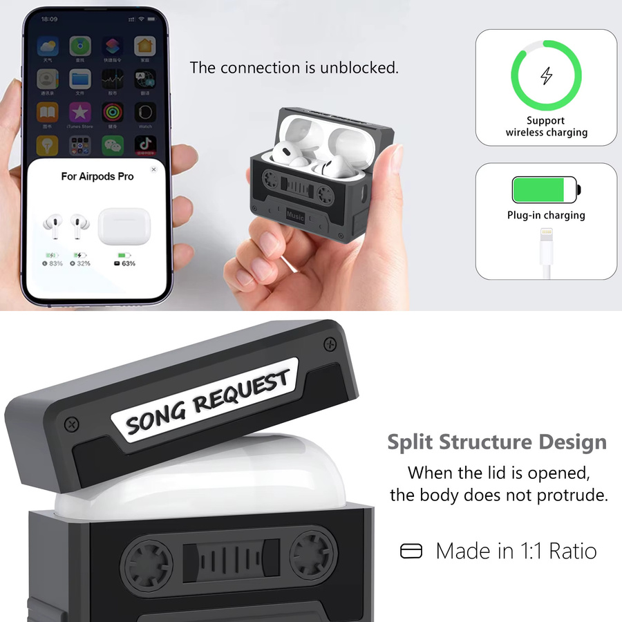 BEWZI Schutzhülle für AirPods Pro 2 mit Lanyard im Classic Tape Style 3D-Design in Beige oder Schwarz - Bild 4