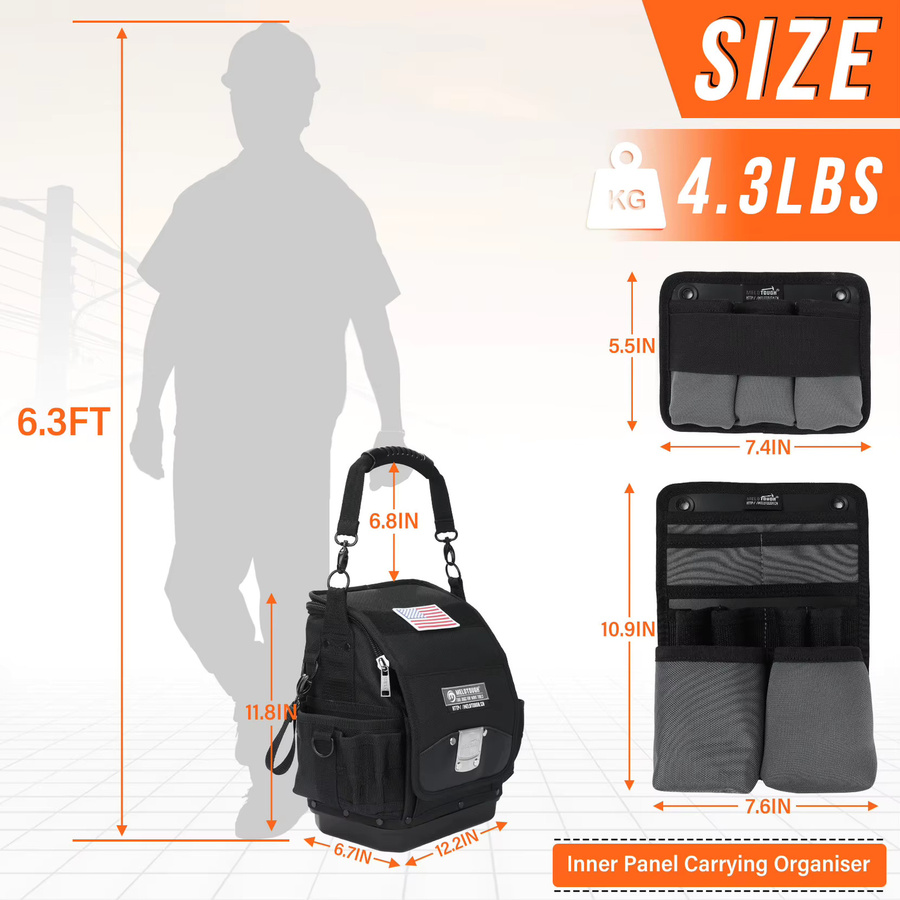 MELOTOUGH Elektriker-Werkzeugtasche mit 44 Fächern und hartem Boden in Schwarz und Grün - Bild 4