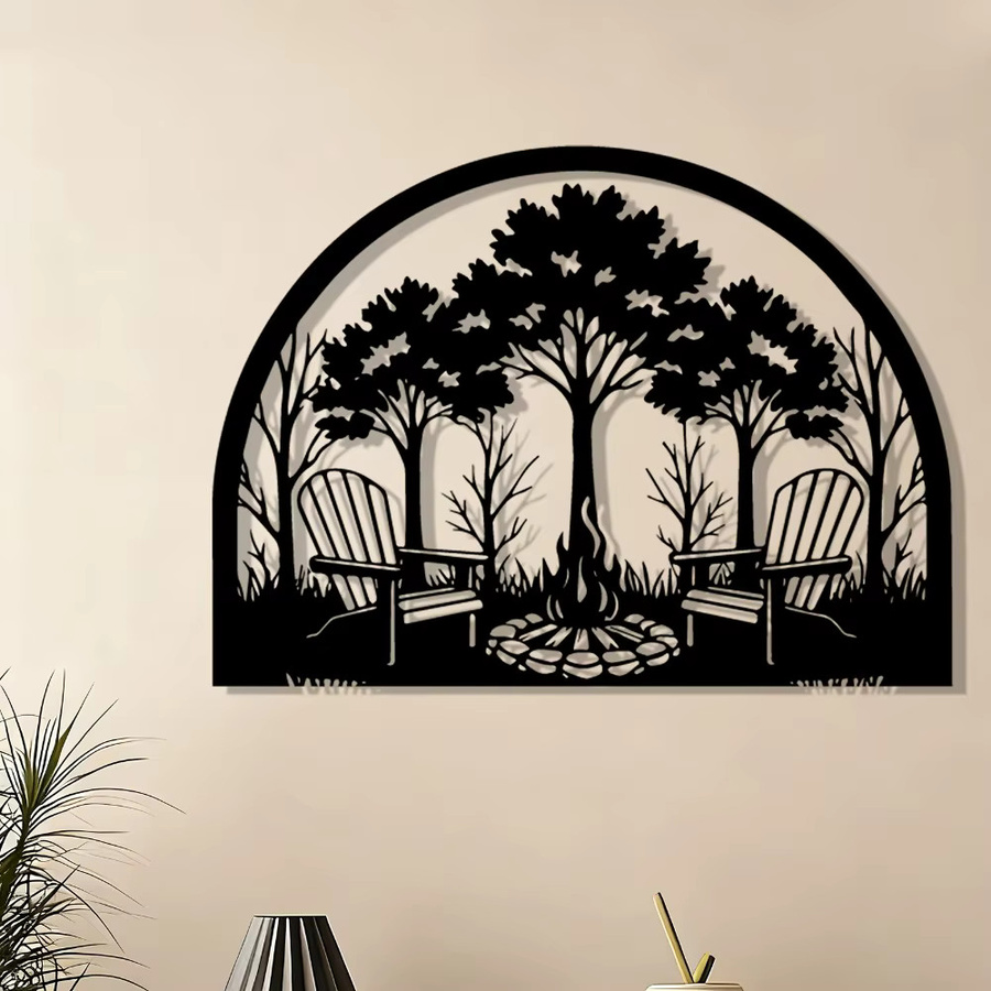 CIFBUY Metall-Wandkunst mit Lagerfeuerstuhl-Motiv in Schwarz als rustikale Außendekoration für Garten und Terrasse - Bild 4