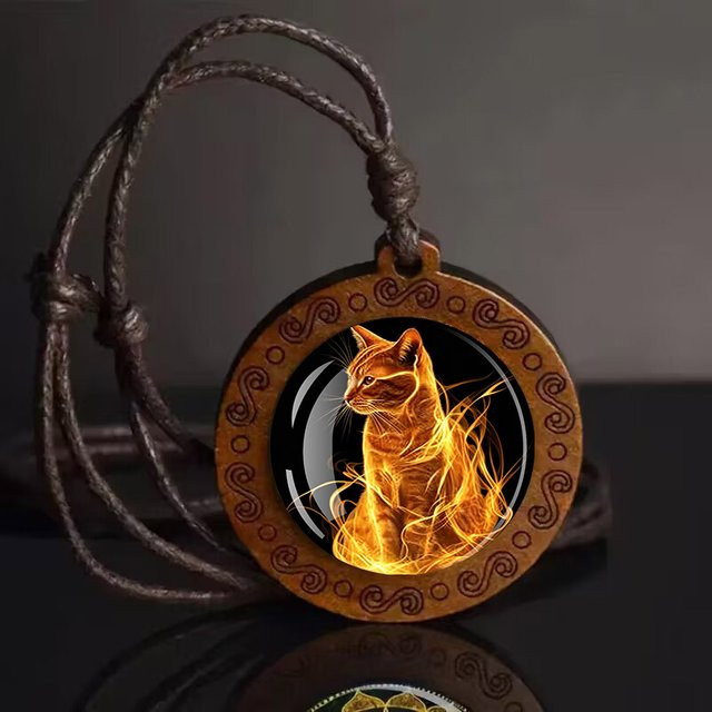 Flame Cat Holzanhänger-Halskette, Unisex, Bunt - Bild 1