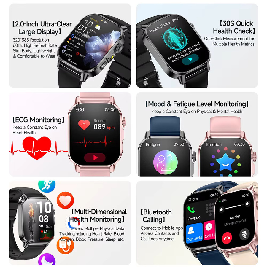 Yaocx Smartwatch mit EKG, PPG und Gesundheitsanalyse für Blutdruck, Fett und Harnsäure, inklusive kabelloser Anruffunktion, Unisex, Blau oder Schwarz - Bild 2