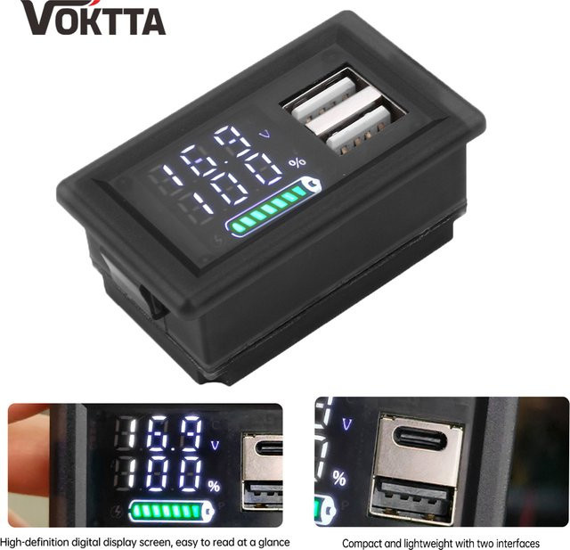 Voktta Dual USB Kapazitätstester mit Typ-C für Lithium-Batterien 9V 12V 24V mit LED-Spannungsanzeige in Schwarz - Bild 1
